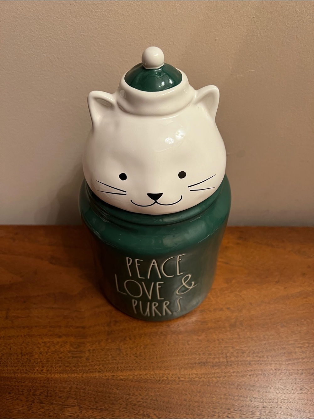 Rae Dunn Ceramic Cat Treat Jar in Green - Peace Love & Purrs - Picture 4 of 9